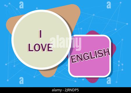 Didascalia di testo che presenta i Love English. Approccio aziendale per avere affetto per la lingua internazionale Grammar Woman Holding Tablet con il pulsante di accensione Foto Stock