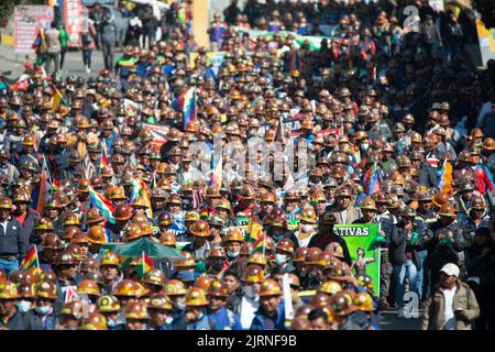 La Paz, Bolivia. 25th ago, 2022. I sostenitori del governo del presidente Arce partecipano a un raduno a sostegno del governo, che porta bandiere e che indossa caschi da miniera. "Stiamo iniziando questo grande raduno per il paese e la democrazia", ha scritto il leader boliviano su Twitter. Arce aveva chiamato per il rally. Egli ha affermato che si intendeva inviare un segnale contro i 'golpe plottatori di destra'. Credit: Radoslaw Czajkowski/dpa/Alamy Live News Foto Stock