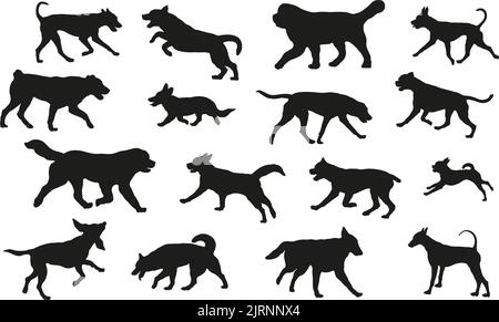 Gruppo di cani di razza varia. Silhouette nera per cani. Correre, stare in piedi, camminare, saltare, annusare i cani. Isolato su sfondo bianco. Animali domestici. Illustrazione Vettoriale