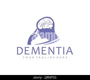 Demenza, testa umana con cervello, salute mentale, logo design. Assistenza sanitaria, aiuto psicologico, psichiatria, depressione e terapia, disegno vettoriale Illustrazione Vettoriale