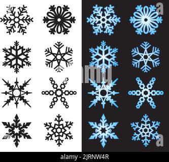 Un insieme di icone vettoriali illustrate di fiocchi di neve d'inverno. Illustrazione Vettoriale