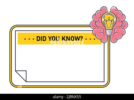 Lo sapevi, interessanti informazioni di apprendimento, cornice citazione con lampadina, icona cervello. Suggerimenti rapidi, fatti divertenti, notizie importanti. Consigli utili. Vettore Illustrazione Vettoriale