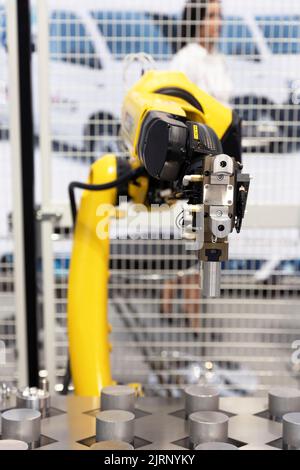 Pick and place industriale, inserimento, test di qualità o braccio robot tendente alla macchina Foto Stock