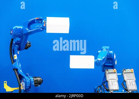 Prelevamento e posizionamento industriale, inserimento, test di qualità o macchina che tende braccio robotico Foto Stock