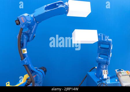 Prelevamento e posizionamento industriale, inserimento, test di qualità o macchina che tende braccio robotico Foto Stock