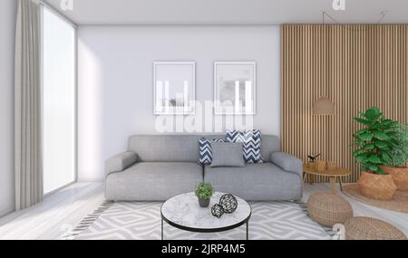 Vista interna di un accogliente soggiorno in stile nordico. Pavimento in legno bianco, tappeto con linee diagonali in grigio e bianco, tavolo in marmo, quadri appesi Foto Stock