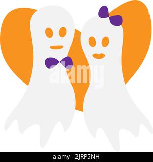 Due fantasmi innamorati su uno sfondo trasparente in tonalità trendy. Set vettoriale per Halloween. Isolare. Halloween felice. Design di stampa alla moda. Adatto per lettere, poster, messaggi di saluto, carta da imballaggio, striscioni Illustrazione Vettoriale