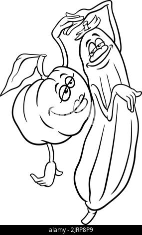 Cartoni animati in bianco e nero illustrazione di zucca felice e cetriolo o zucchine di verdure personaggi in Love coloring page Illustrazione Vettoriale