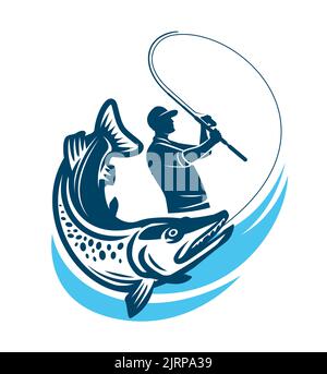 Il pescatore ha catturato l'emblema del luccio. Pesca sportiva, logo o badge per attività all'aperto. Illustrazione vettoriale Illustrazione Vettoriale