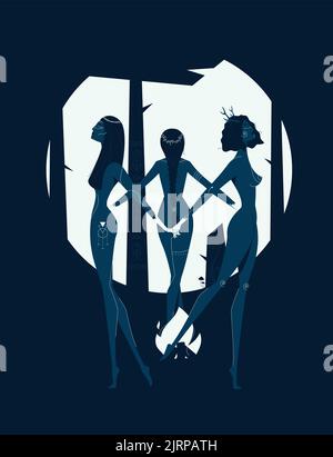 Le streghe ballano intorno al fuoco nella foresta sacra alla luce della luna piena di notte. Illustrazione del vettore rituale del sabato magico. Illustrazione Vettoriale