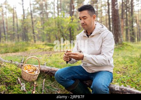 uomo con cesto raccolta funghi in foresta Foto Stock