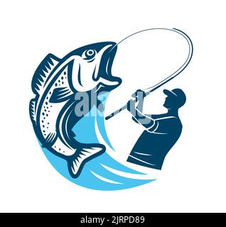 Pescatore cattura grande pesce emblema. Pesca sportiva, logo o badge per attività all'aperto. Simbolo di illustrazione vettoriale Illustrazione Vettoriale