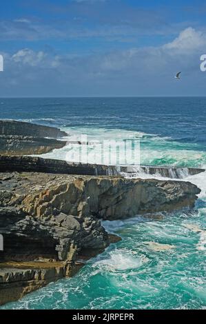 L'Oceano Atlantico incontra la terra ai ponti di Ross - parte della Wild Atlantic Way - sulla Loop Head Peninsula, County Clare, Repubblica d'Irlanda Foto Stock