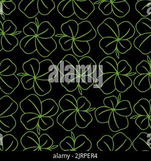 motivo simmetrico senza cuciture di trifoglio verde di quatrefoil su sfondo nero, texture, design Foto Stock
