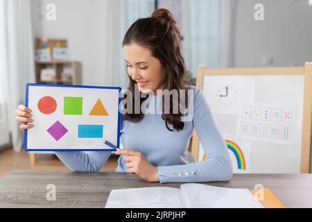 insegnante che mostra le forme in classe online a casa Foto Stock