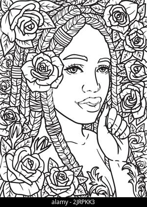 Afro ragazza americana con rosa colorazione pagina Illustrazione Vettoriale