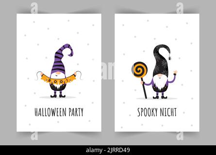 Set di biglietti d'auguri di Halloween. Simpatici gnomi scandinavi. Invito, poster o volantino per una festa notturna spaventosa. Illustrazione vettoriale in stile cartoon Illustrazione Vettoriale