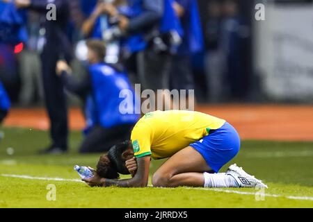 San Jose, Costa Rica. 25th ago, 2022. San Jose, Costa Rica, 25th 2022 agosto: Tarciane (3 Brasile) sembra sconsolato e deluso dopo la loro perdita e non si qualifica per la finale durante la Coppa del mondo di donne FIFA U20 Costa Rica 2022 partita di calcio semifinale tra Brasile e Giappone a Estadio Nacional a San Jose, Costa Rica. (Daniela Porcelli/SPP) Credit: SPP Sport Press Photo. /Alamy Live News Foto Stock