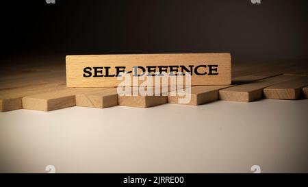 Autodifesa scritta su superficie di legno. Finanza e politica. Foto Stock