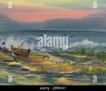 Acquerello pittura, mare ventoso e barche da pesca, phuket thailandia Foto Stock