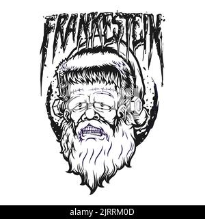 Frankenstein zombie cappello babbo natale monocromatico illustrazioni vettoriali per il tuo lavoro Logo, mascotte merchandise t-shirt, adesivi e disegni di etichette, poster Foto Stock