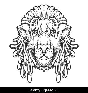 Leone capo cool con Dreadlock monocromatico Vector illustrazioni per il tuo lavoro Logo, mascotte merchandise t-shirt, adesivi e disegni etichette, poster, gree Foto Stock