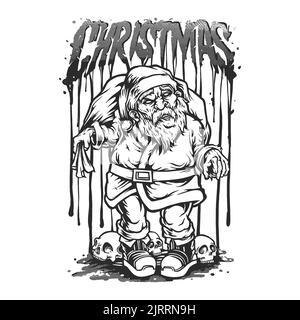 Zombie babbo natale con testa del cranio monocromatico illustrazioni vettoriali per il tuo lavoro Logo, mascotte merchandise t-shirt, adesivi e disegni di etichette, poster, Foto Stock