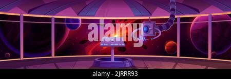 Interno del centro di controllo navicella spaziale, cabina capitano con pannello hud del centro dati e grandi finestre con vista del pianeta esploso o stella nel cosmo. Futuristico Illustrazione Vettoriale