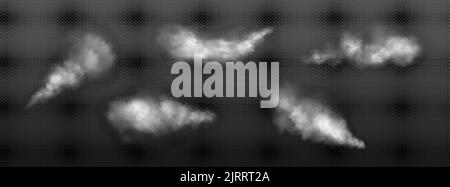 Nuvole di polvere bianca, fumo o nebbia isolate su sfondo trasparente. Set realistico vettoriale di polvere o vapore spray, spruzzi da aerosol, nebbia traccia di Illustrazione Vettoriale