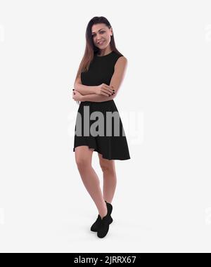 Mockup di un abito nero a onde su una ragazza alla moda in mocassini, abbigliamento da donna con una gonna soffice, per il design, motivo, vista frontale. Abbigliamento casual te Foto Stock