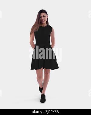 Modello di un abito nero a onde su una ragazza in mocassini, abbigliamento da donna per il design, il motivo, la vista frontale. Beffa di skir moda puffy Foto Stock