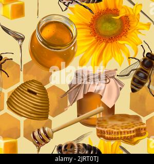 Modello realistico senza cuciture di api mellifere, lattine di miele, alveare, girasole, nido d'ape e cucchiaio di miele. Illustrazione acquerello Foto Stock
