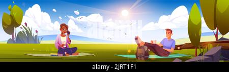Persone sedute sul prato in un parco soleggiato vettore illustrazione. Giovane uomo sdraiato sull'erba verde, guardando una bella giovane donna che parla al telefono, sorridente. Auto Illustrazione Vettoriale