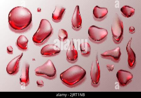 Gocce chiare di vino, bevanda di frutta o sangue isolate su fondo trasparente. Set realistico di gocce d'acqua rossa, fragola o succo di ciliegia Illustrazione Vettoriale