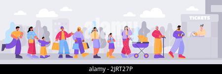 Persone in coda alla biglietteria. Personaggi diversi in attesa in lunga fila per acquistare biglietti per il cinema o l'autobus. Paesaggio cittadino con gente affollata Illustrazione Vettoriale
