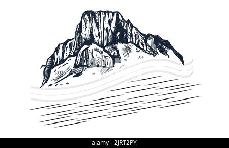 Paesaggio con grandi montagne. Natura bellezza con logo vettore strada Illustrazione Vettoriale