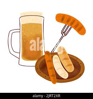 Illustrazione stilizzata una tazza di birra, con tradizionali salsicce alla griglia snack isolato su sfondo bianco Illustrazione Vettoriale