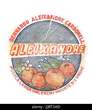 Involucro di carta tissue di frutta fresca, originario dell'Inghilterra della metà del 1950s, con marchio del produttore. Bernado Aleixandre Carbonell, Valencia, arance, Espana, Spagna. Foto Stock