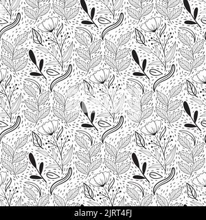 Motivo floreale senza cuciture in stile linea bianco e nero con motivo in piastrelle damascato. Stampa tessile Doodle flowers. Grafica vintage natura. Fiore con berrie Illustrazione Vettoriale