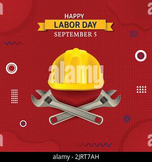 Happy Labor Day USA Memphis Vector Poster Illustration Settembre 5 Celebration. Casco e chiave a vite realistici Design a mezzitoni. Post sui social media, Illustrazione Vettoriale