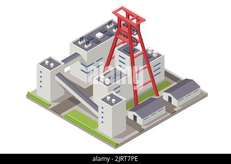 Costruzione isometrica in cave sotterranee e a cielo aperto. Fabbriche o impianti industriali, industria pesante. Attrezzature per l'industria mineraria Illustrazione Vettoriale