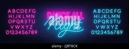 Danza tutta la notte neon segno su un muro di mattoni. Illustrazione Vettoriale