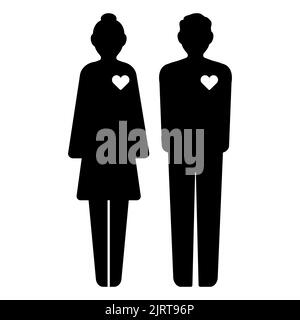 Icona dell'amore della coppia. Silhouette uomo e donna con simbolo del cuore. Concetto di datazione. Illustrazione del vettore piatto Illustrazione Vettoriale