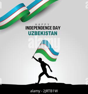 Buon giorno di indipendenza Uzbekistan. Uomo che corre con la bandiera Illustrazione Vettoriale