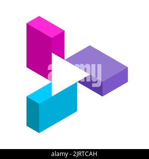 Pulsante di riproduzione colorato. Simbolo di gioco geometrico stilizzato. 3D rettangoli che formano un triangolo in uno spazio negativo. Freccia destra o segno di avanzamento. Vettore Illustrazione Vettoriale