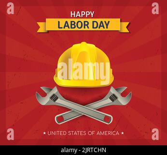 Happy Labor Day USA retro Sunburst Vector Poster Illustration Settembre 5 Celebration. Design realistico del casco e della chiave a vite. Post sui social media Illustrazione Vettoriale