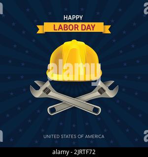 Happy Labor Day USA Modern Sunburst Vector Poster Illustration Settembre 5 Celebration. Design realistico del casco e della chiave a vite. Post sui social media, Illustrazione Vettoriale