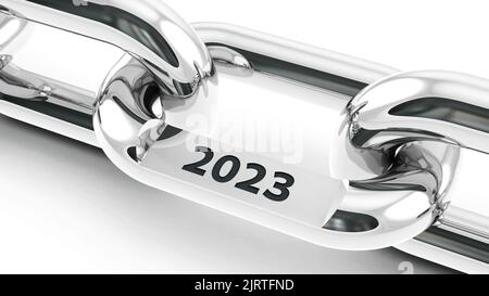 Catena con link con testo - 2023 - rappresenta il nuovo anno 2023, rendering tridimensionale, illustrazione 3D Foto Stock