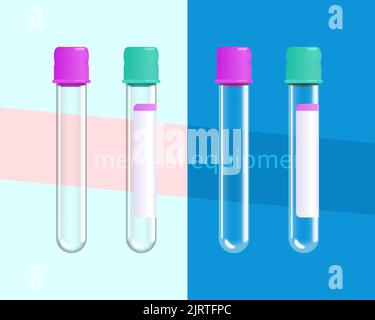 Illustrazione vettoriale delle provette trasparenti con tappi viola e verde, su sfondo chiaro e scuro. Apparecchiature mediche. Illustrazione Vettoriale