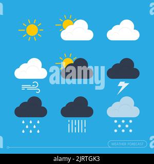 L'icona delle previsioni meteo impostata. L'illustrazione vettoriale di nove diverse icone è isolata su sfondo blu. Linee modificabili. Illustrazione Vettoriale